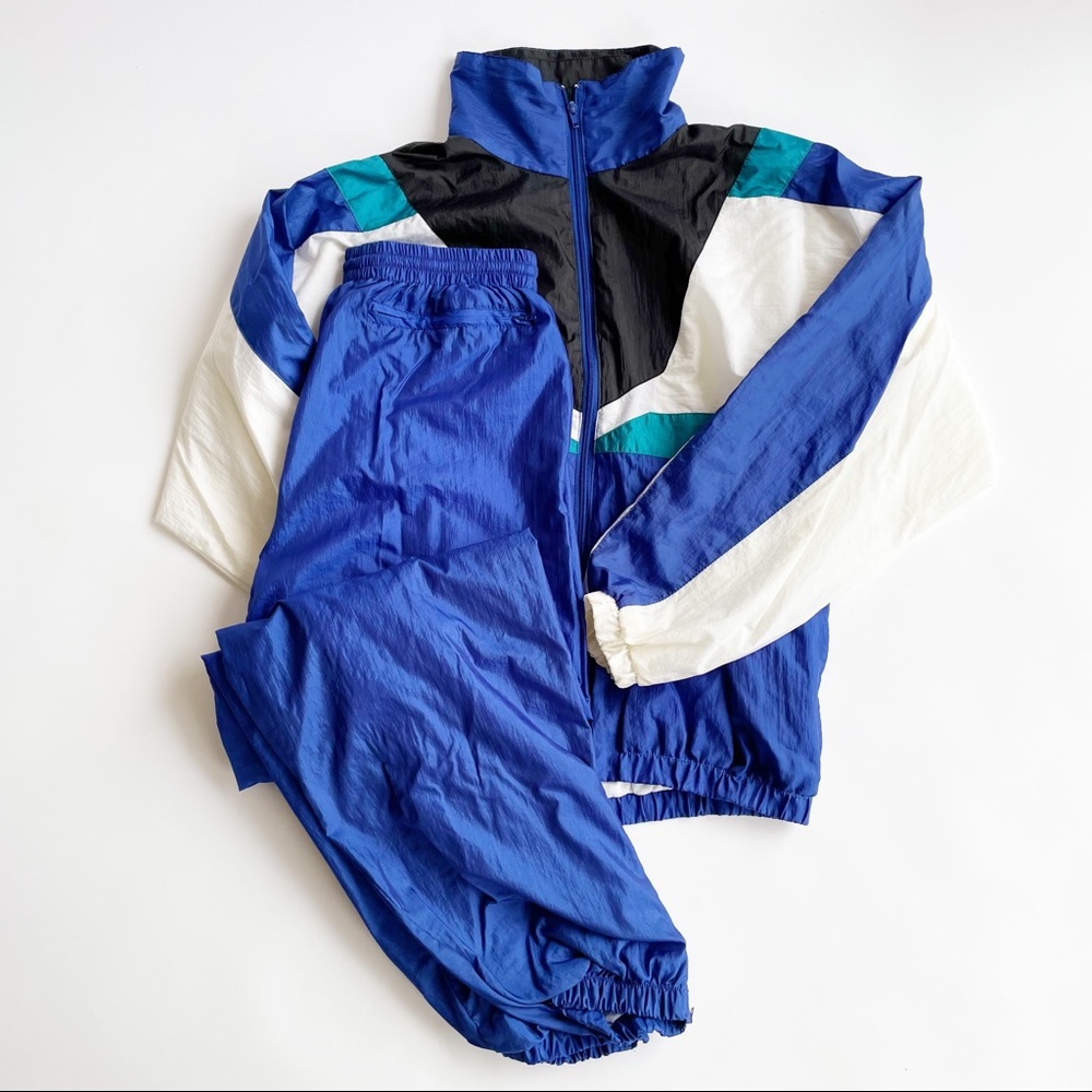 SOLD Vintage 80s Mens Windbreaker Color Block 2 Piece Track Suit Set Blue